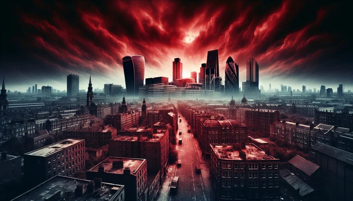 Post-apocalyptic horror scene with abandoned British cityscape and eerie red sky