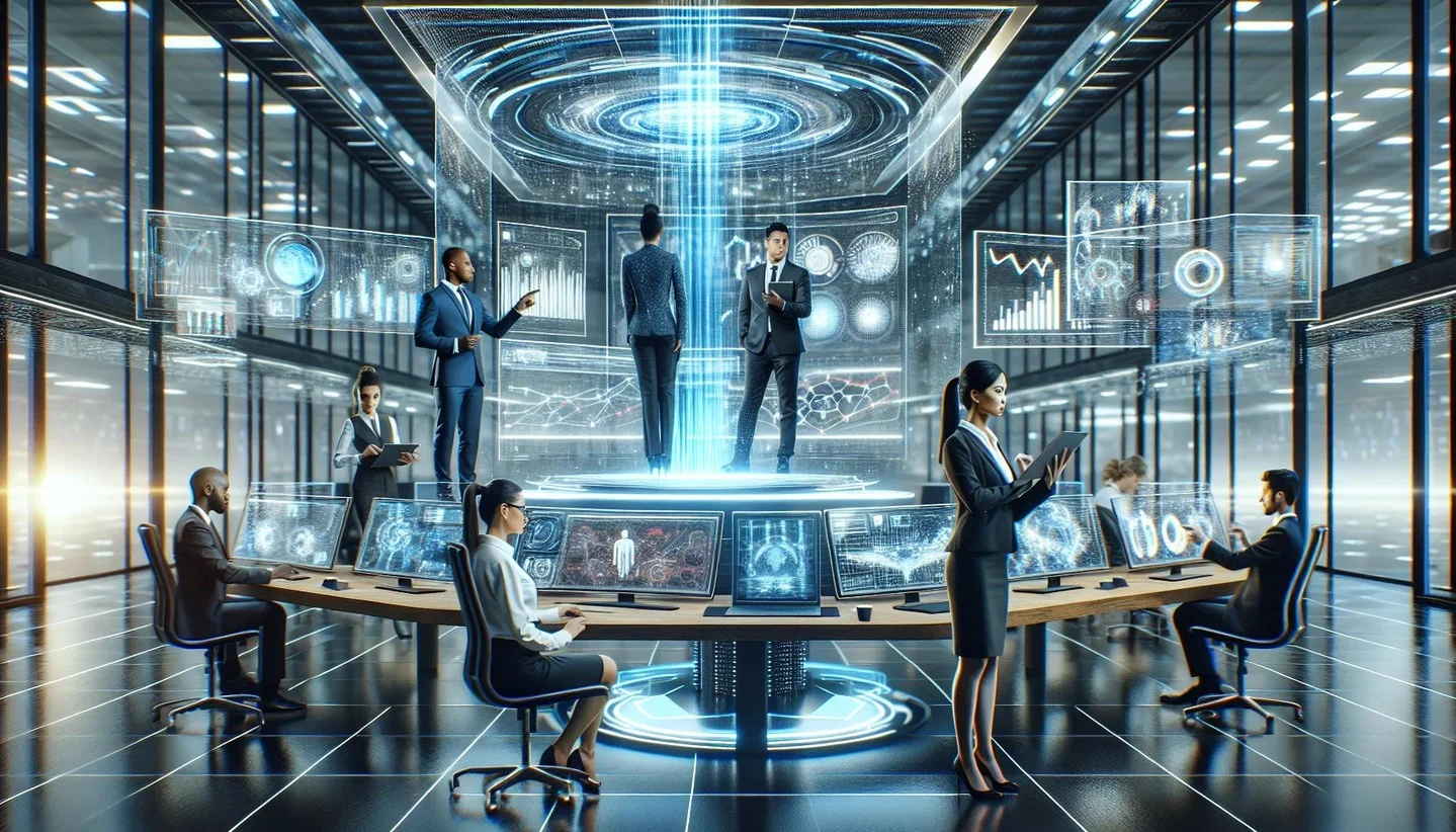 Modern corporate office with AI interfaces and holographic displays futuristic business technology