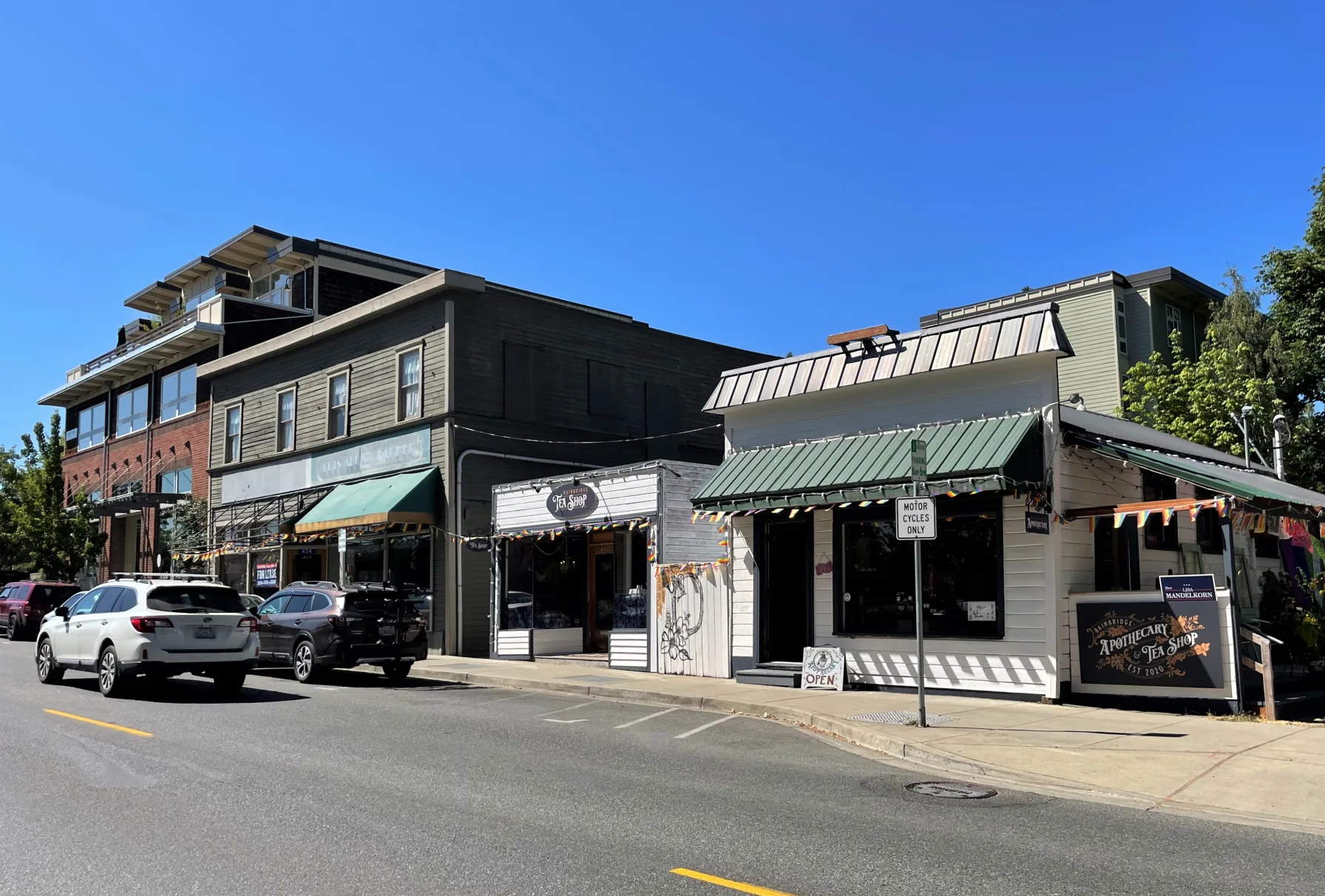 Storefronts along a street in downtown Winslow on Bainbridge Island, the district at the center of the city's zoning dispute.