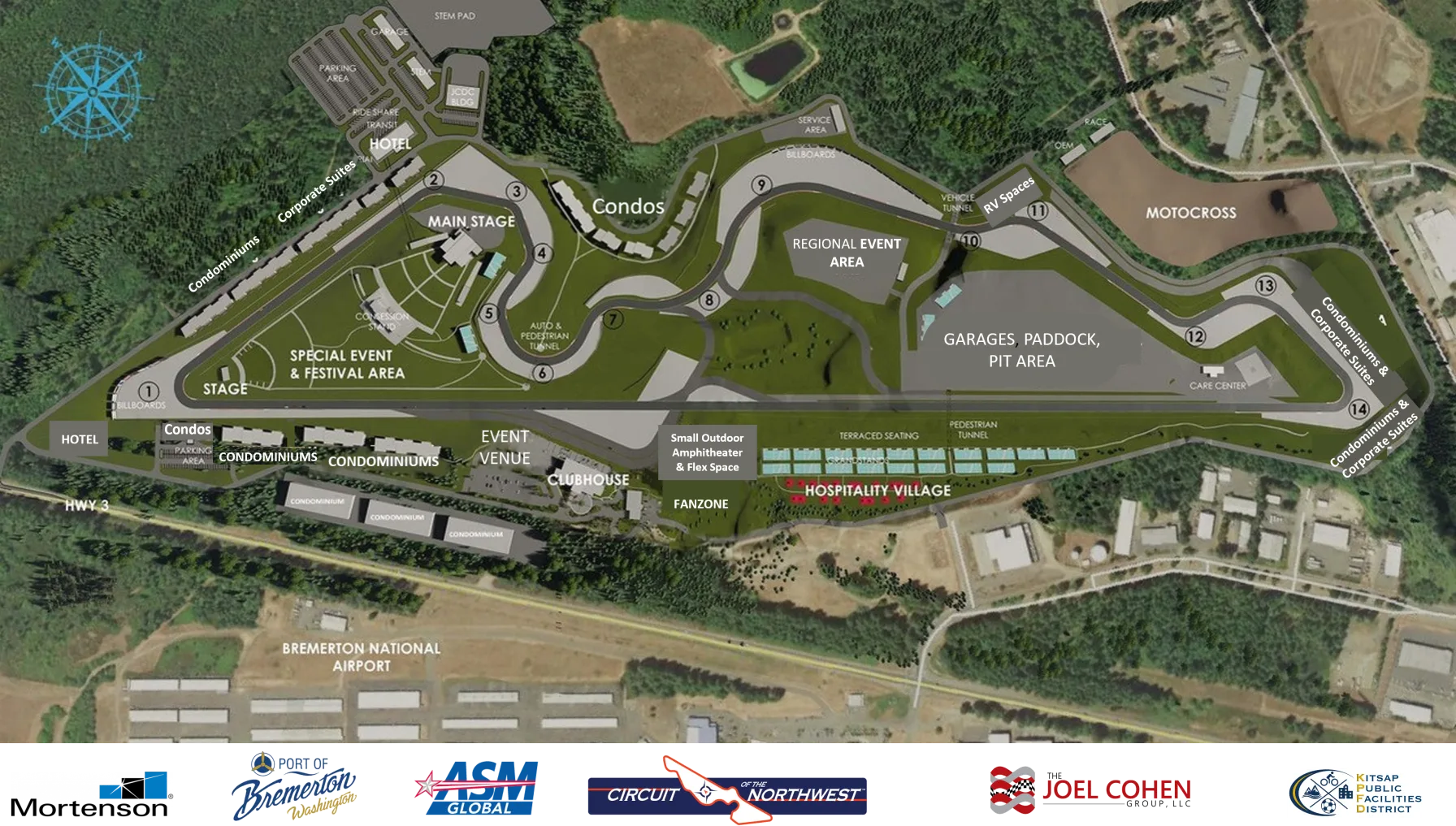 An aerial concept map shows the planned Circuit of the Northwest motorsports park at the Port of Bremerton, including a road course, motocross track, condominiums, hotels and two amphitheaters.