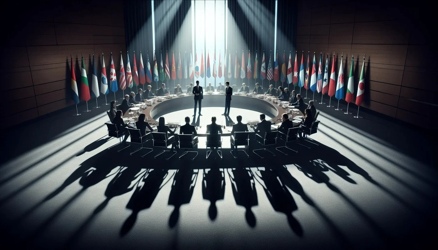 Diplomatic meeting room with world leaders at negotiation table peace talks atmosphere