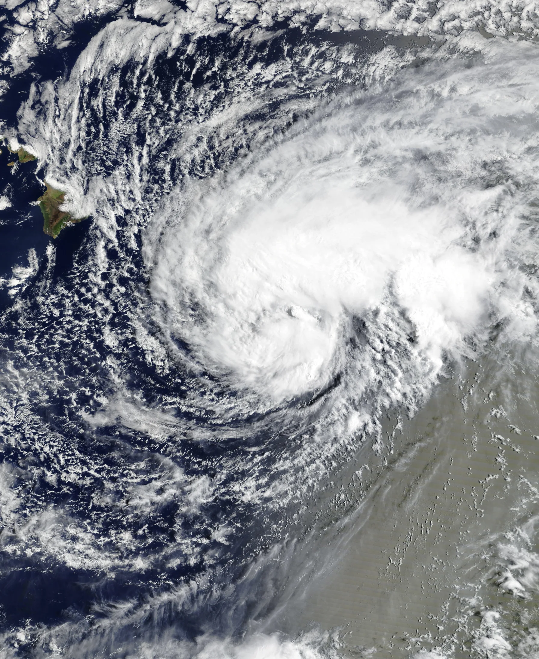 NASA satellite image showing Hurricane Lala approaching Hawaii's Big Island on August 14, 2026