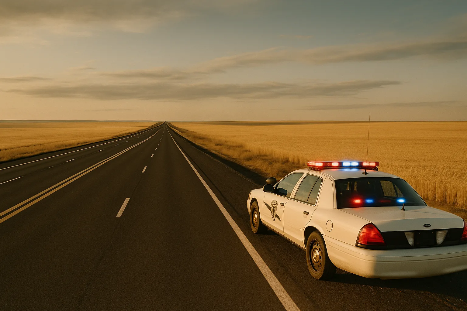 A Washington State Patrol cruiser with lights flashing parked on the shoulder of a straight rural highway running through flat wheat fields