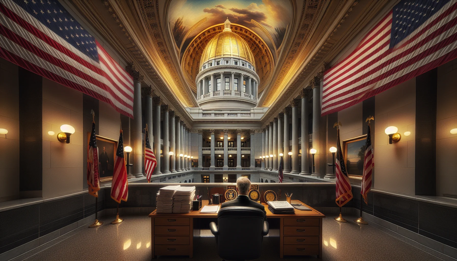 Federal government building in Minneapolis Minnesota during winter with American flags