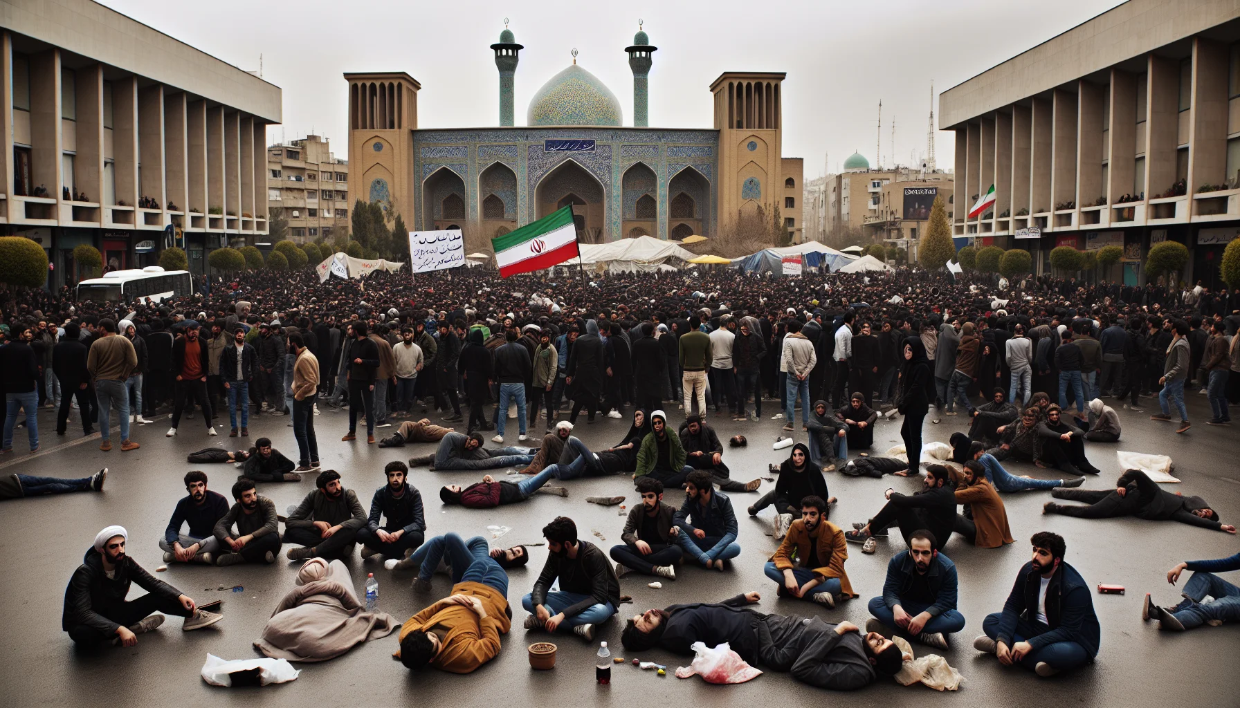 Massive street protests in Tehran Iran at night with crowds of demonstrators