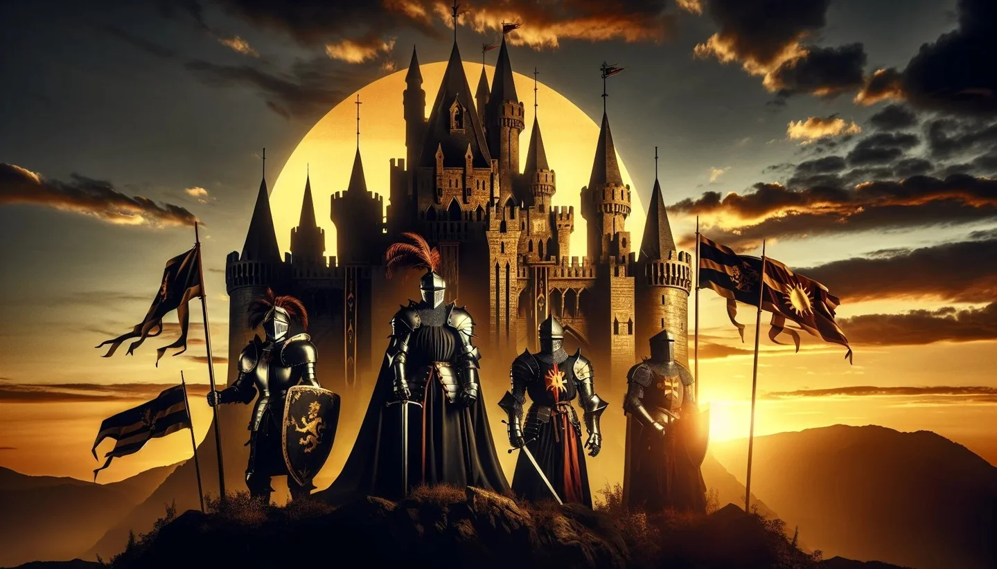 Medieval fantasy castle at sunset with knights and banners Game of Thrones style cinematography