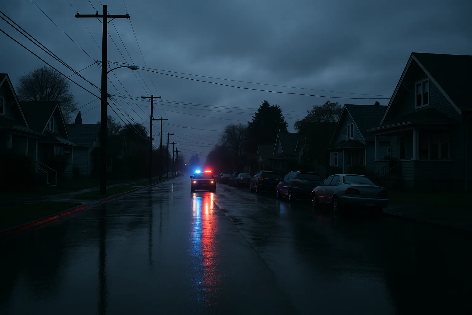 Police light bars reflecting off a wet residential street in Tacoma before dawn