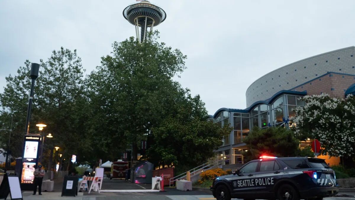 A Seattle Police vehicle stationed near the Space Needle at Seattle Center following the Bite of Seattle shooting