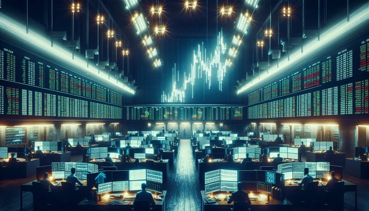 Wall Street stock exchange trading floor with digital screens showing green arrows up bull market