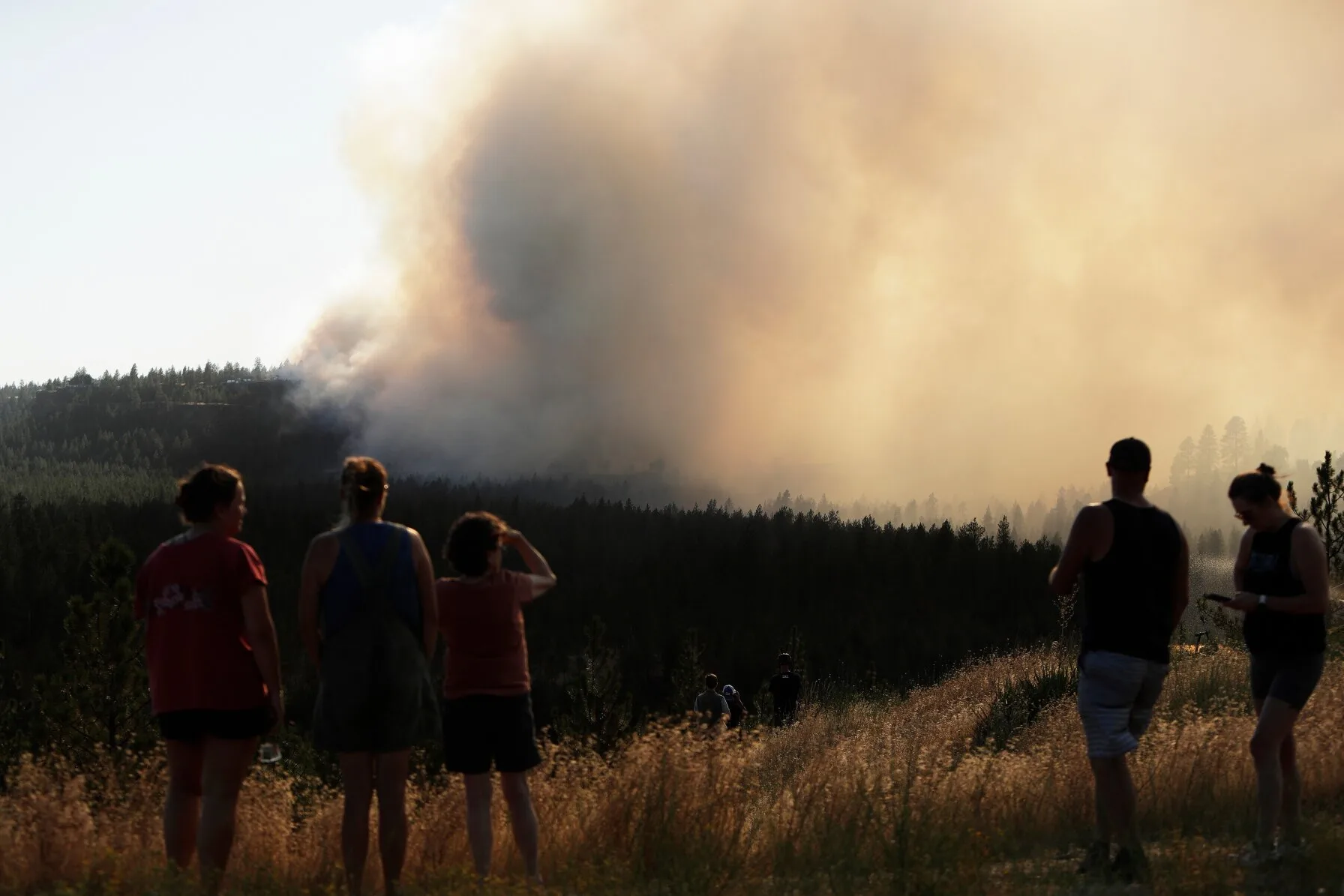 A group of people watch a massive smoke plume from the Old Trails Fire rise over a hillside near Spokane, Washington