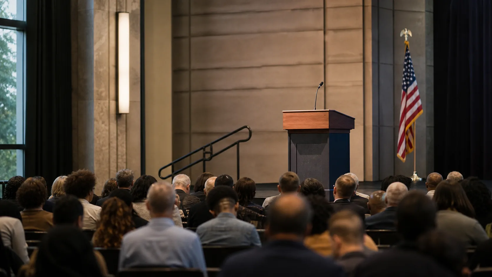 A civic auditorium audience faces an empty lectern beside an American flag during a policy conference