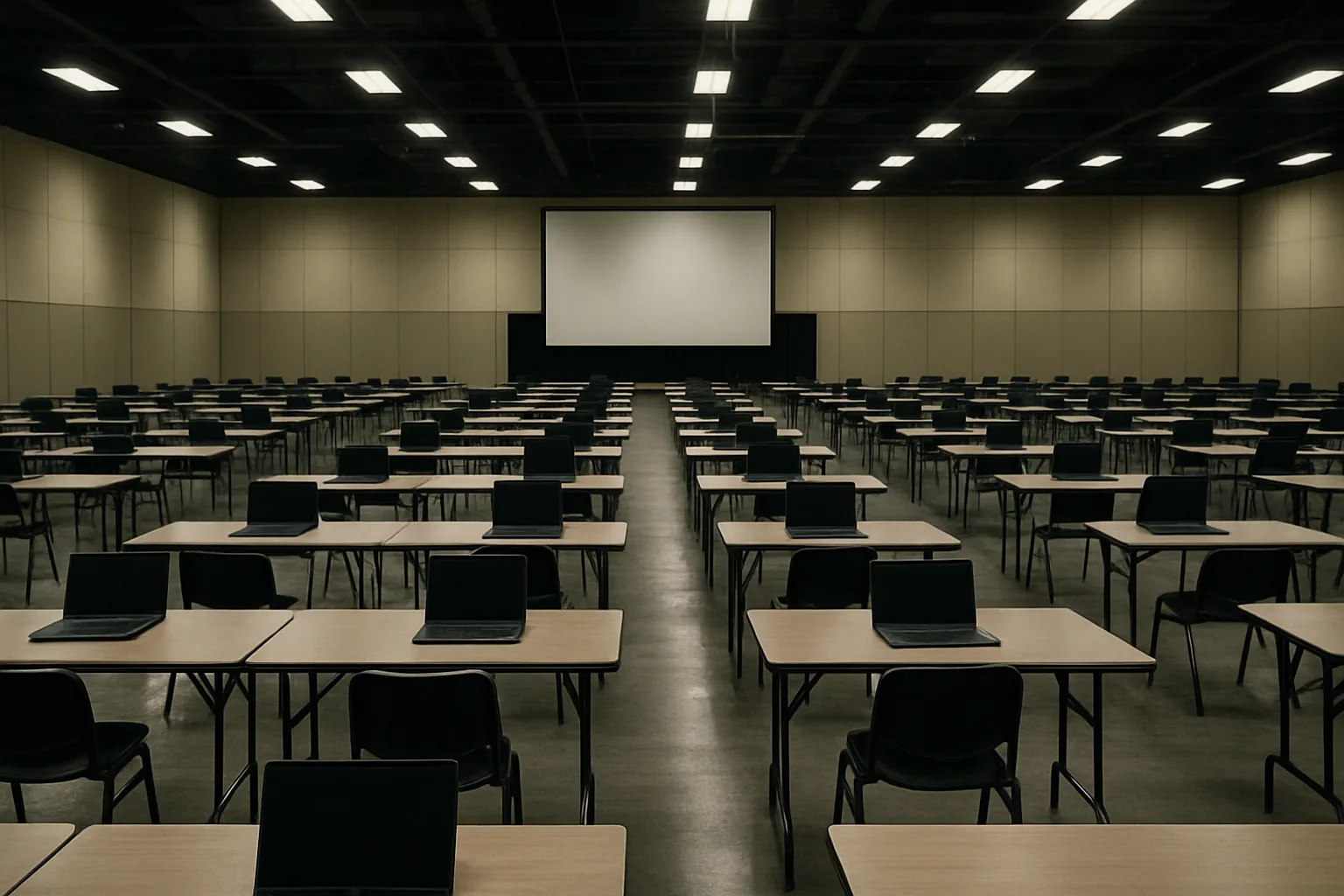 Empty convention hall exam room with vacant desks and closed laptops after a cancelled professional test